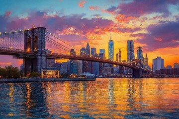 Naklejka premium Brooklyn Bridge Sunset Cityscape Impressionism