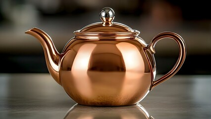 A shiny copper teapot with a rounded body, lid, and curved spout, reflecting light on a smooth surface. Concept Copper Teapot Design, Reflective Surfaces, Elegant Kitchenware