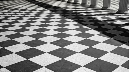 Naklejka premium Dramatic Striped Shadowing Dramatic shadows from striped windows create an emotional abstract pattern on a checkerboard floor. Emotional Abstract Pattern.
