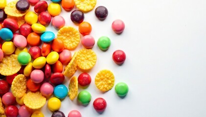 Obraz premium Pile of colorful candy, chips, and soda on white , vanilla, unhealthy, composition