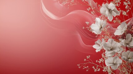 Elegant floral design with soft red background, featuring delicate white flowers and flowing pink accents.