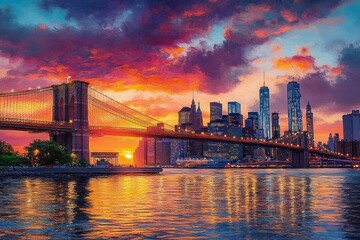 Naklejka premium Brooklyn Bridge Sunset Cityscape