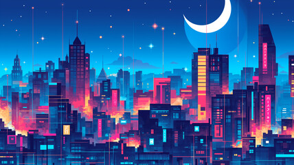 Naklejka premium 幻想的な月夜とネオンに包まれた近未来都市の夜景イラスト｜高層ビル群と鮮やかな色彩が描くサイバーパンク風景｜静寂の中に息づく都市の光が魅力の背景素材