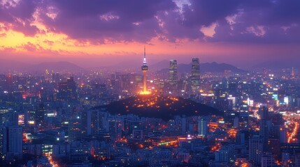 Fototapeta premium Seoul Cityscape at Dusk with Namsan Tower and Skyscrapers