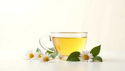 Chamomile Tea in Glass Cup with Flowers on White Background Studio Shot
