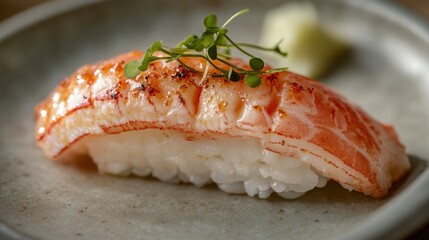 Close-up of Delicious Sushi Nigiri with Fresh Shrimp and Microgreens