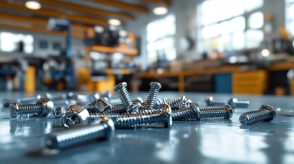 Obraz premium Close-up of Metal Screws and Nuts Scattered on a Workshop Table