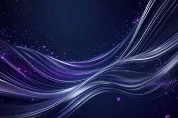 A deep navy blue background with swirling violet and silver lines and curves, forming a digital abstract landscape