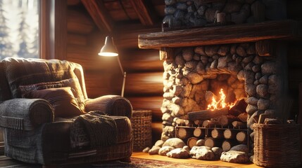 A rustic living room featuring a large stone fireplace with a wooden mantel