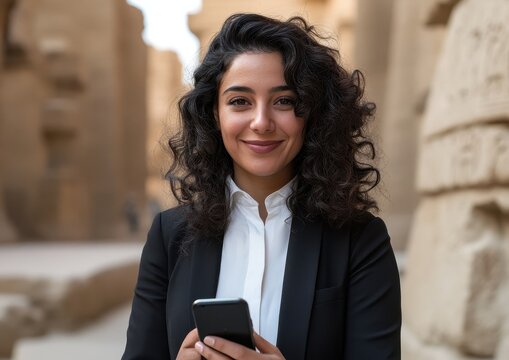 Attractive Woman in Black Blazer Holding Mobile Phone Smiling at Ancient Stone Building with Sunlight in Egypt