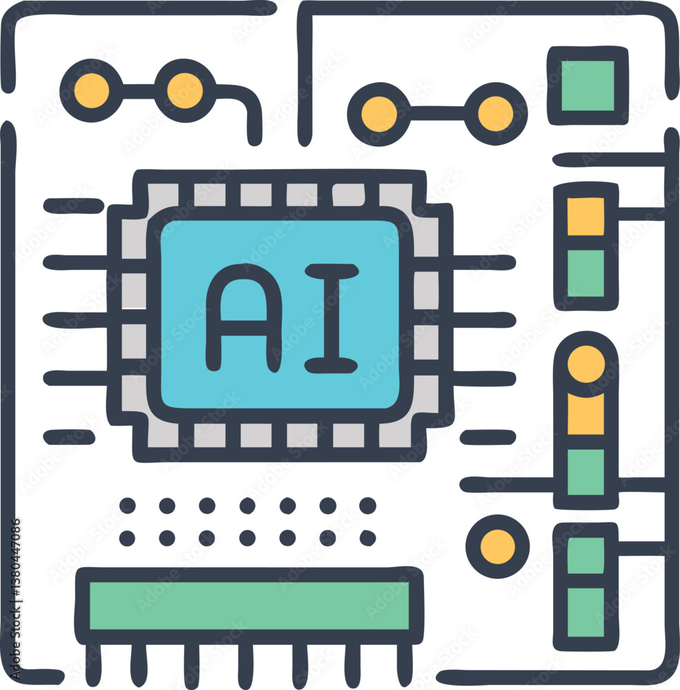 Poster flat vector illustration of ai chip on circuit board – artificial intelligence technology icon