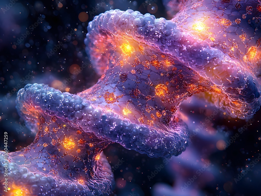 Poster intricate dna spirals intertwined with streams of digital data