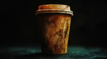Fototapeta premium A dirty, worn-out coffee cup stands out strikingly in a dark environment, portraying a sense of neglect, the passage of time, and the remnants of daily life and routines.