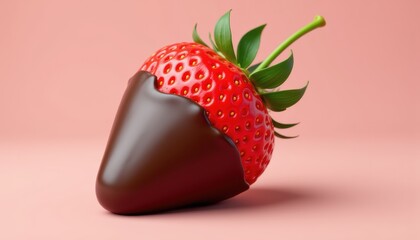 Chocolate Dipped Strawberry on Soft Pink Background with Green Leaves