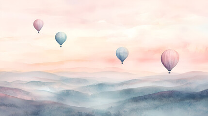 Obraz premium Watercolor Scene of Hot Air Balloons Over Pastel Hills