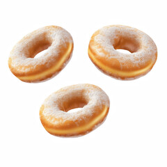 Realistic illustration of three floating powdered sugar donuts with golden texture and fluffy appearance, isolated on transparent background.