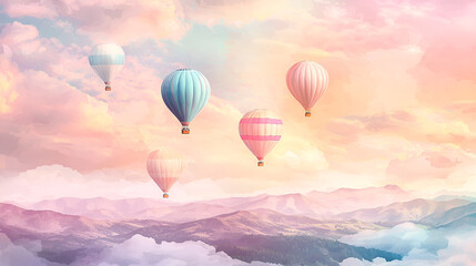 Obraz premium Watercolor Scene of Hot Air Balloons Over Pastel Hills