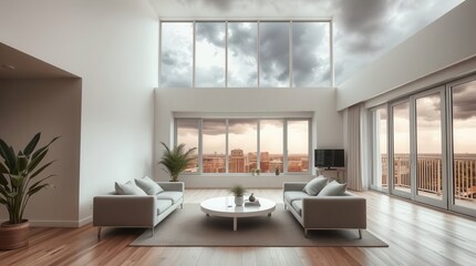 Fototapeta premium Bright and airy modern living room with city view. Comfortable, with natural light, and minimalist decor.