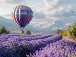 Fototapeta premium A lavender field with a hot air balloon floating gracefully above