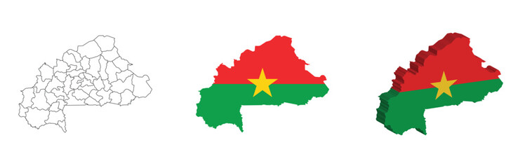 Burkina Faso outline, fill with flag and 3d map