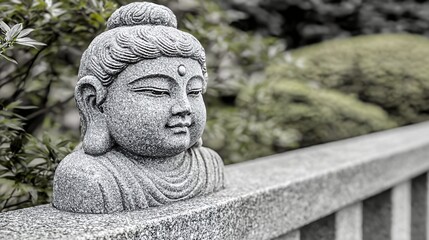 Fototapeta premium Serene Stone Buddha Statue Surrounded By Lush Greenery In A Tranquil Japanese Garden