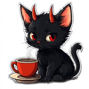 Devil Cat Coffee Break: Cute Demon Kitten Illustration