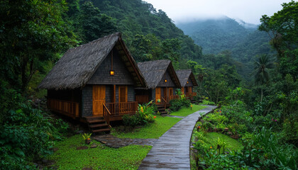 Fototapeta premium Cozy wooden cabins in lush green forest with misty mountains