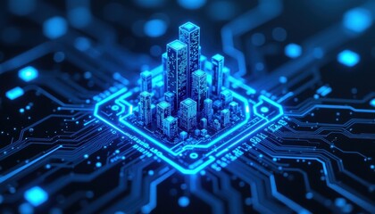 Futuristic Cityscape on Circuit Board with Glowing Blue Lights