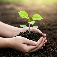 Hands holding a small plant with soil. Earth Day concept, eco-friendly green energy, realistic photo