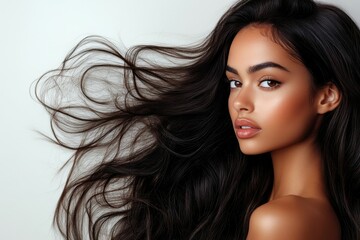 Fototapeta premium Radiant Beauty: Portrait of a stunning woman with cascading black hair. The woman's beauty is highlighted with sophisticated makeup, creating an image of elegance and confidence.