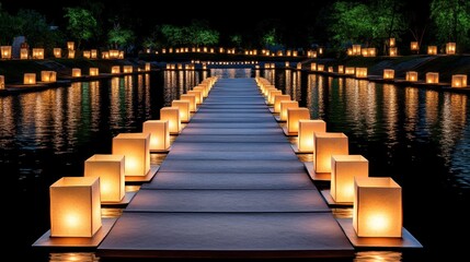 Obraz premium A beautifully lit paper lantern floating on a calm river during a nighttime festival