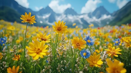 Fototapeta premium Mountain field of blooming yellow and blue flowers, scenic landscape