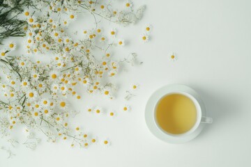 Drinking Chamomile Tea Next to Fresh Flowers on a White Background