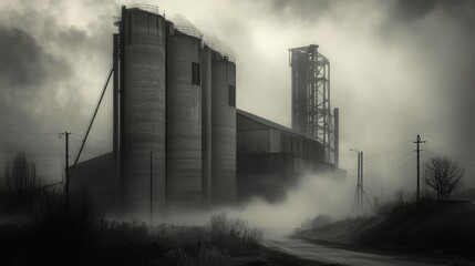 Concrete silos and a industrial complex sit in heavy fog