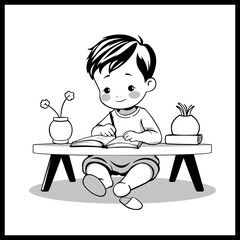 The boy makes lessons at the table, black and white illustration