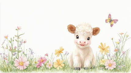 Fototapeta premium Cute Calf in a Flower Field