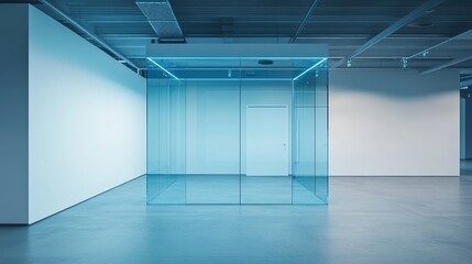 A minimalist gallery of modern art with light blue glass walls. There is a door in the central clearing that glows softly, creating a sense of mystery. Simple and elegant, for artistic displays.