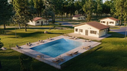 Aerial view of idyllic resort with pool and cottages