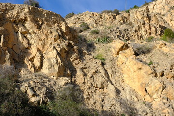 Rugged desert cliffside with vegetation under bright blue sky