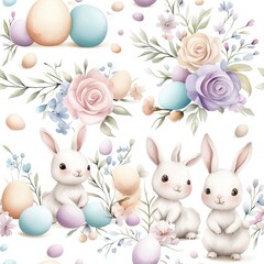 Obraz premium Easter Bunnies Floral Eggs Artwork
