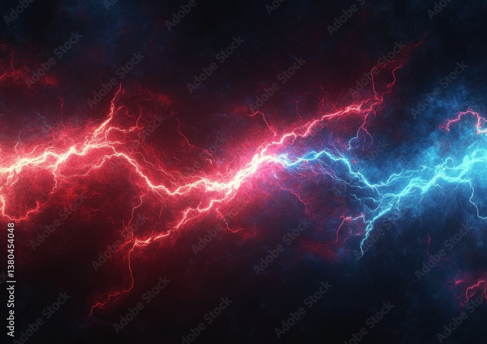 Poster dynamic abstract artwork with red and blue lightning bolts in digital fractal style