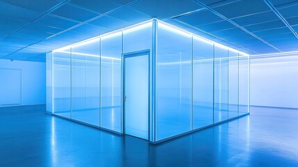A minimalist gallery of modern art with light blue glass walls. There is a door in the central clearing that glows softly, creating a sense of mystery. Simple and elegant, for artistic displays.