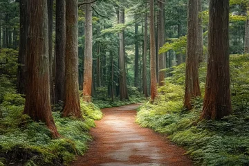 Foto auf Acrylglas Straße im Wald Serene forest path surrounded by towering cedar trees in Japan  © video