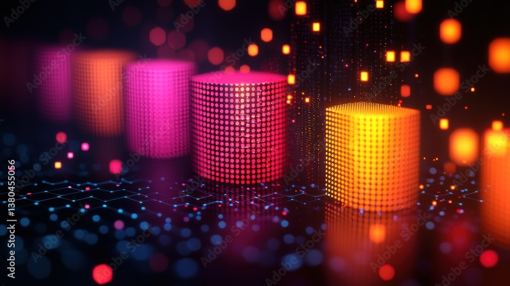 Poster abstract digital data visualization: illuminated cylinders and network