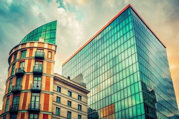 Obraz premium Modern Glass Skyscraper Amidst Historic Kiev Architecture, Klovsky Descent