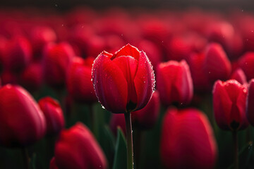 A single red tulip stands out in a field of vibrant blooms, glistening with morning dew. The captivating image evokes feelings of romance and serenity. World Parkinson's Day