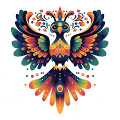 Obraz premium A vibrant, ornate Phoenix bird illustration with colorful wings and feathers, designed against a dark background; a beautiful creature.