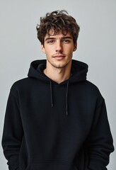 Obraz premium Stylish young man in black hoodie and tracksuit on gray background