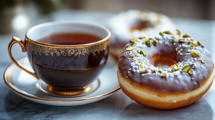 Elegant Teacup and Gourmet Donuts on Marble Surface for Breakfast Delight