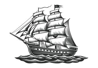  Vintage black and white engraving of a tall sailing ship with multiple masts, detailed rigging, and wind-filled sails on ocean waves